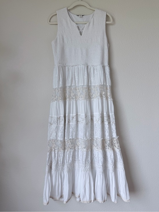 Coldwater Creek Dresses & Skirts - Coldwater Creek White Cotton Linen Lace Tiered Maxi Dress Petite Medium PM